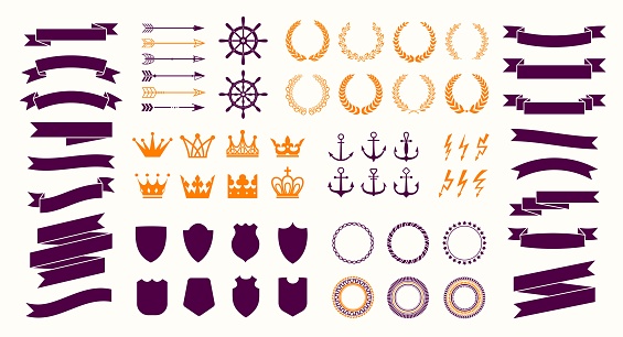Vintage badge, seal, laurel wreath and crown, retro arrow and label, anchor and shield design elements, isolated vector medieval heraldry, navigation and royalty decoration icons set
