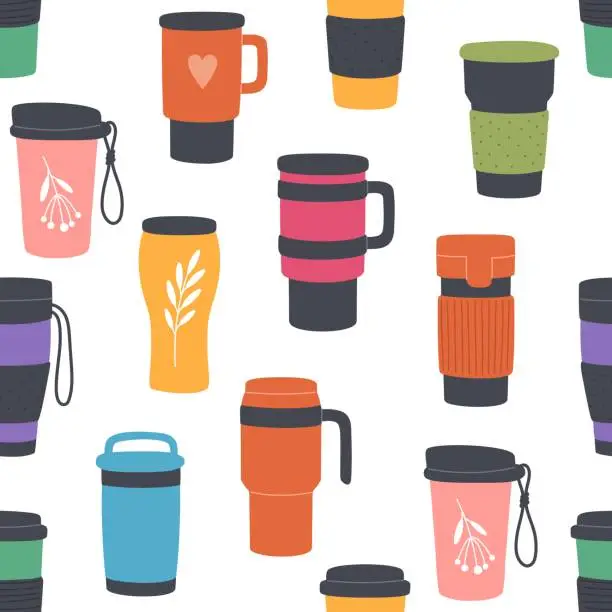 Vector illustration of Reusable thermo mugs and tumblers seamless pattern