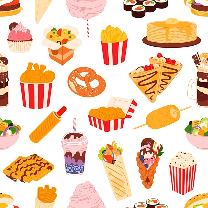 Fast food seamless pattern, pizza, burgers and drinks, hamburgers and sandwiches, vector background. Fast food hot dog, pancakes with coffee and sushi or sweet desserts, fries and popcorn pattern