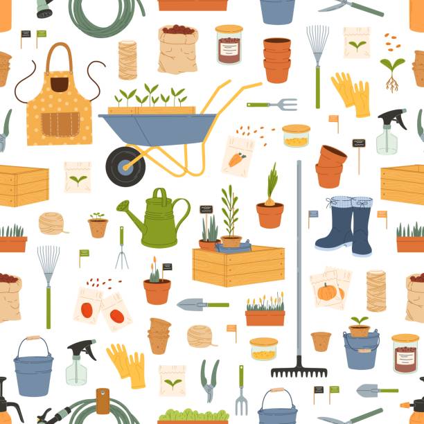 Farm and gardening tools seamless pattern Farm and gardening tools seamless pattern. Agriculture vector background with garden plants and farming equipment. Cartoon flowers, rake and wheelbarrow, boots, gloves, watering can and hose backdrop trowel gardening shovel gardening equipment stock illustrations