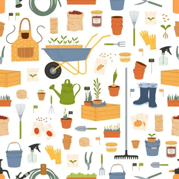 Vector illustration of Farm and gardening tools seamless pattern