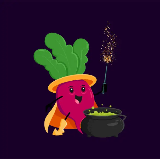 Vector illustration of Cartoon radish Halloween vegetable wizard with pot