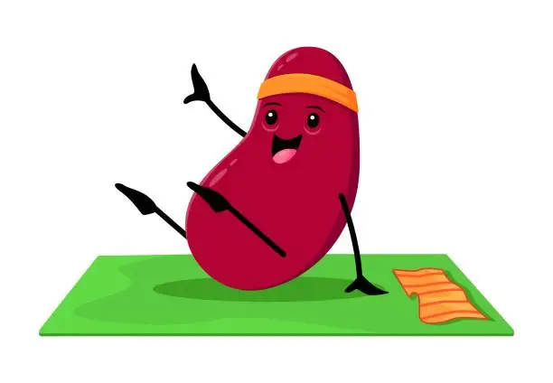 Vector illustration of Cartoon happy red bean character on yoga fitness