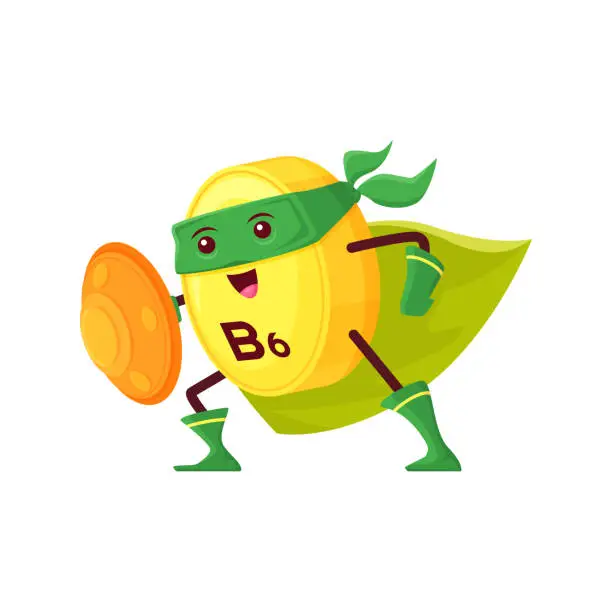 Vector illustration of Cartoon b6 vitamin superhero pyridoxine character