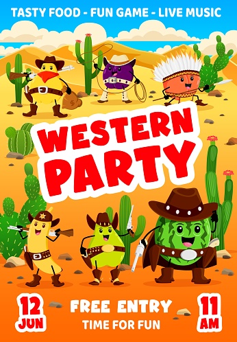 Kids western party flyer, cartoon cowboy, sheriff and robber fruits characters. Vector invitation poster with funny quince, plum, orange and banana, pear or watermelon Wild west personages in desert