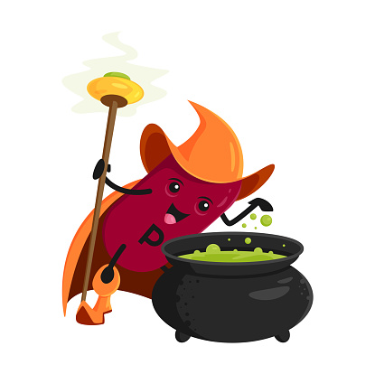 Cartoon vitamin flavonoids or phosphorus micronutrient wizard character. Isolated vector P warlock personage wear cape and hat holding magic staff, cooking brew in pot. Funny supplement mage or wiz