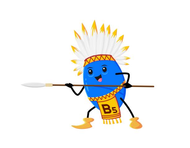 Cartoon vitamin B5 Indian character with spear Cartoon vitamin B5 Indian character or native American warrior, vector kids mascot. Funny cute vitamin B5 Indian chief in feather tribal headdress with spear weapon of Apache or Cherokee Indians cherokee clip art stock illustrations