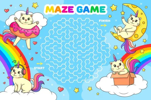 Vector illustration of Labyrinth maze with cute caticorn cat on sky