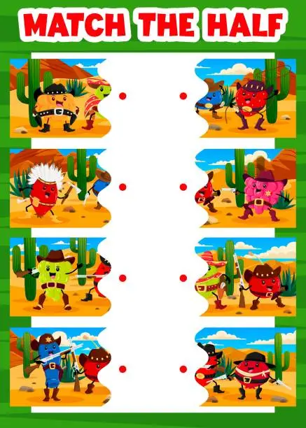 Vector illustration of Match half of cartoon berry cowboy kids game