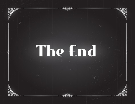 Film end screen with borders, vintage silent movie cinema background. Video industry vintage grungy frame, Hollywood silent movie end, classic 30s cinema screen border or monochrome vector backdrop