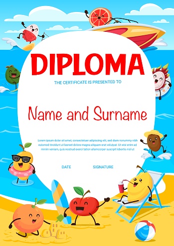 Kids diploma, cartoon funny fruits on summer beach. Education school or kindergarten certificate, vector award frame template with lychee, grapefruit, feijoa and dragon fruit. Kiwi, quince, mango