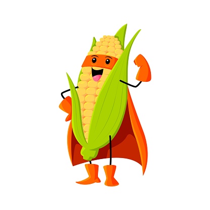 Cartoon cheerful corn vegetable superhero character. Farm cereals hero or warrior isolated vector comical personage. Corn strong defender childish mascot posing in orange mask and cape