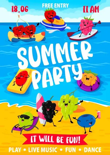 Vector illustration of Summer party flyer with cartoon berry characters