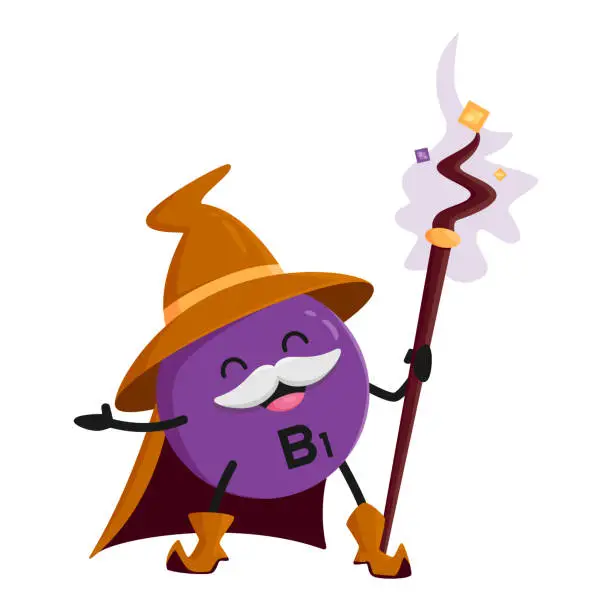 Vector illustration of Cartoon vitamin B1 mage character, vector wizard