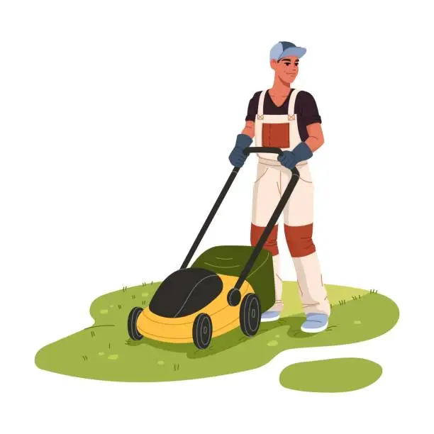 Vector illustration of Cartoon gardener man mowing lawn with mower