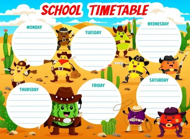 Vector illustration of Timetable schedule with cowboy fruits characters
