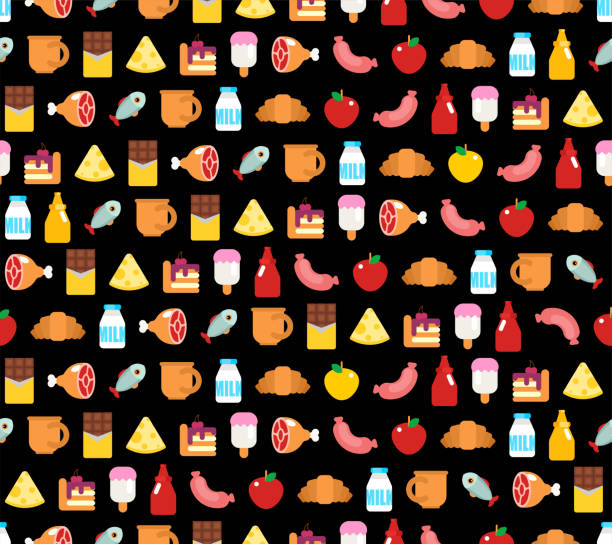 food pattern seamless. food sign background. symbol for mobile application. ketchup and apple, croissant and ice cream. piece of cake and chocolate. cheese and coffee cup, fish and milk, meat on bone - seamless croissant pattern ice stock illustrations