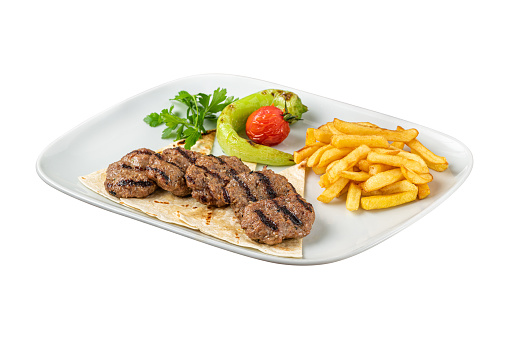Turkish meatball traditional kofte. Spicy meatballs Kebab or Kebap on white background
