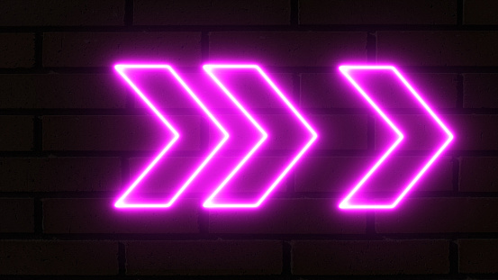 Set of bright purple neon light arrows pointing to the right. Flashing direction indicators. 3D rendering of glowing neon arrows on a black background
