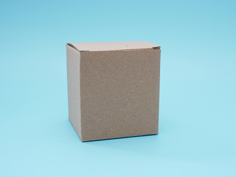 Plain Brown Cardboard Box Standing on a Light Blue Surface