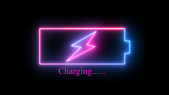 Battery charge neon sign. Abstract battery with charging symbol of in futuristic glowing polygonal style. Neon battery icon