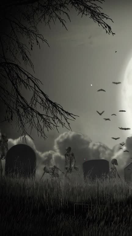 Halloween animation. Graveyard full of skeletons and bats flying