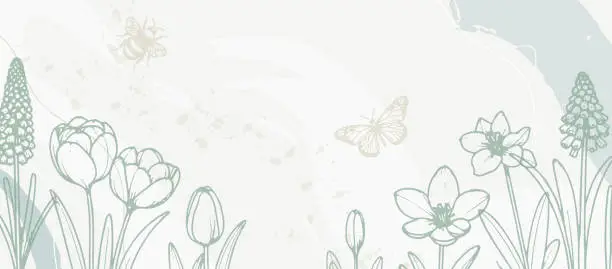 Vector illustration of Wild flower spring background. Floral Pattern with flowers and butterflies for Wedding Background, Fashion Texture Banner, Abstract Spring Design. Vector Rustic Background.