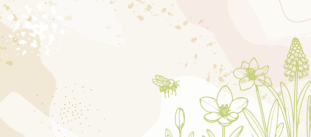 Rustic Wildflowers Background: Beige Spring Floral Pattern with Bee, Village Wedding Texture, Minimalist Field Decoration, Modern Summer Art