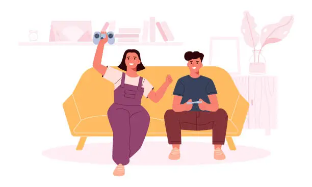 Vector illustration of Young couple playing video games. A couple of lovers use a video console and a joystick
