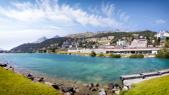 Holidays in Switzerland - view of lake and town Sankt Moritz