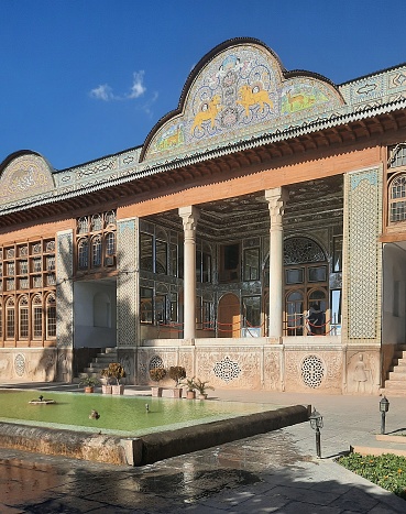 Naranjestan Garden, Shiraz, Iran - January 31, 2024: Naranjestan Garden or Qavam House is one of the most beautiful gardens of Iran which is located in Shiraz. It was built in the Qajar era and at the present moment, it is used as a museum.