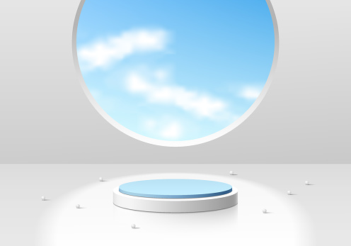 White 3D cylinder podium pedestal background with white cloud and blue sky in round window wall scene. Minimal mockup or product display presentation, Stage showcase. Platforms vector geometric design