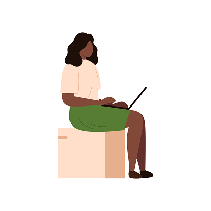 Woman working with laptop online, girl student sitting to study vector illustration