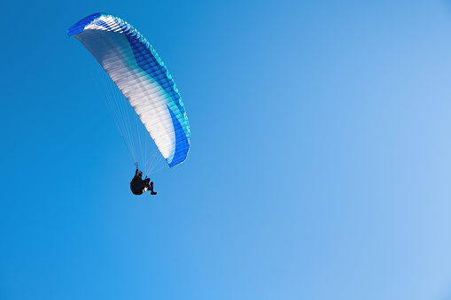 A paraglider flies in the blue clear sky. Paragliding in the sky on a sunny day