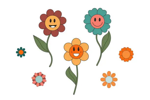 Vector illustration of Set of retro flowers on white background. Retro 70s. Smiling spring flowers in groovy style. Set of stickers, elements for design of poster, flyer, scrapbooking, clothing.