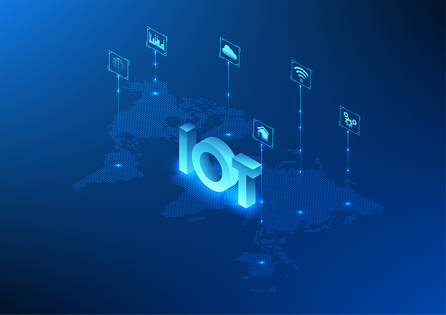 Internet of Things technology, IoT technology Above the world map connected high-tech icons, The IoT is widespread in the industry. Real-time access to devices around the world, Isometric
