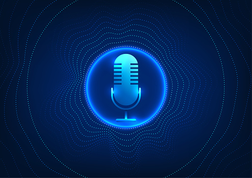 Microphone technology background, microphone on circular side, dot pattern. Device concept receives sound and converts it into an electrical signal. to record or amplify sound