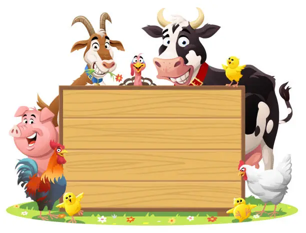 Vector illustration of Cheerful Farm Animals Behind A Wooden Sign