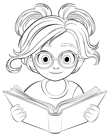 A young girl with glasses reading a book intently.
