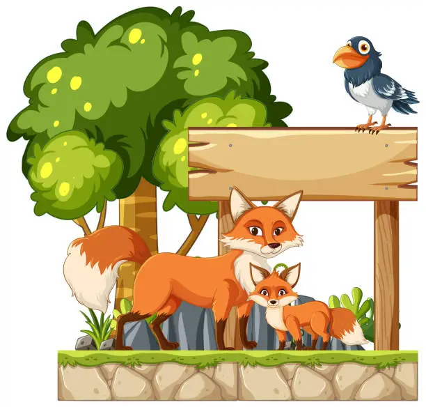 Vector illustration of Illustration of foxes and bird near wooden sign