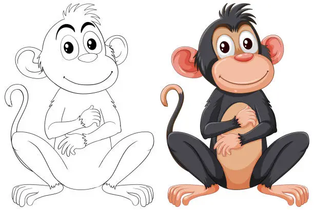 Vector illustration of Two monkeys, one colored and one line art.
