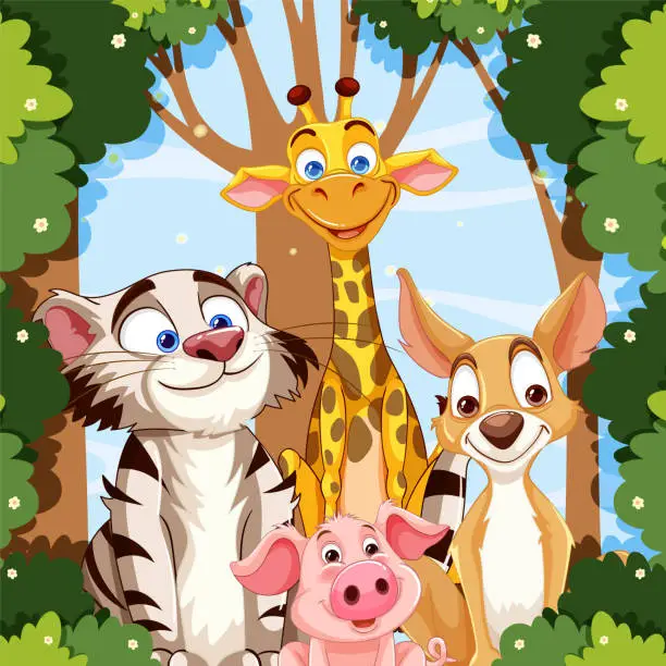 Vector illustration of Cartoon animals smiling together in the woods
