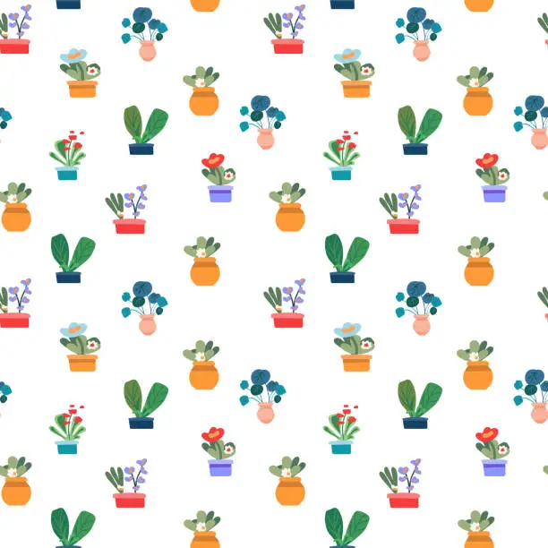 Vector illustration of Botanical seamless pattern for printing textiles, paper, cards. Indoor flowers. House plants in pots for the interior. Minimalism. Vector