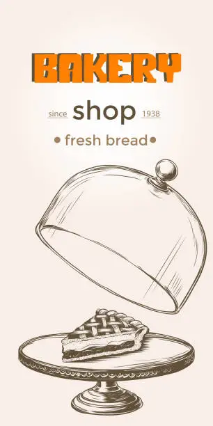 Vector illustration of Cloche with open lid and piece of pie on stand cake. Vintage Engraving sketch style. Bakery template poster with Apple pie. Linear graphic.