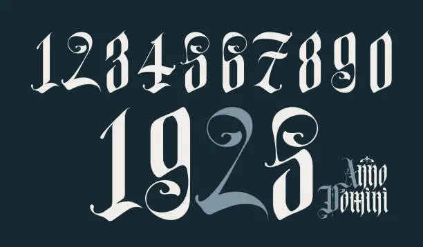 Vector illustration of Arabic numerals from 0 to 9 from a Gothic style font