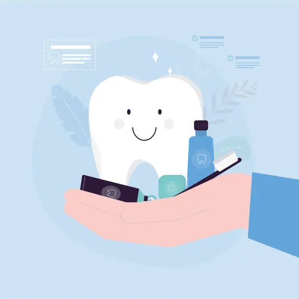 Vector illustration of Dentist hand holding happy healthy tooth and dental accessories. Cute teeth character. To brush your teeth with toothpaste and toothbrush. Oral hygiene