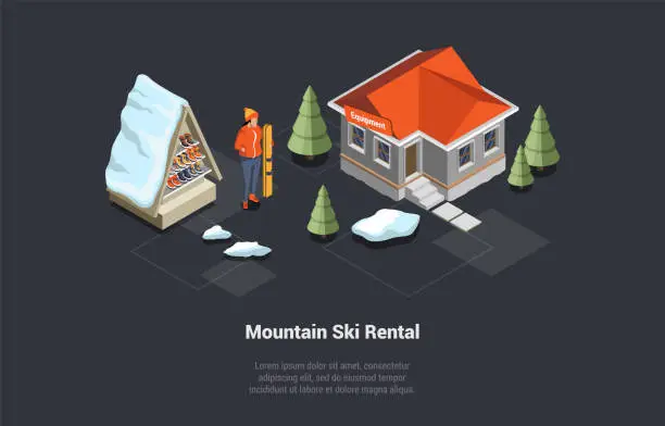 Vector illustration of Winter Holidays And Family Vacations Concept. Luxury Ski Resort Hotel With Snowy Roofs. Character Standing At Equipment Rental Point. Place for VIP Holidays. Isometric 3D Cartoon Vector Illustration
