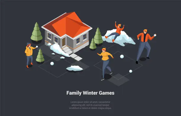 Vector illustration of Concept Of Winter Holidays And Family Vacations. Happy People Playing Family Winter Games Together. Children Are Playing and Throwing Snowballs With Parents. Isometric 3D Cartoon Vector Illustration