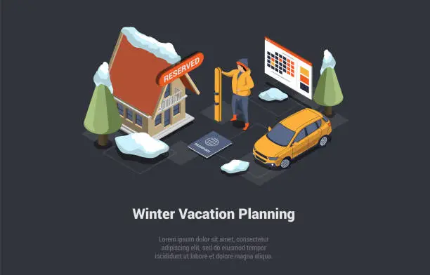 Vector illustration of Winter Holidays, Family Christmas Vacations Concept. Man With Ski Prepared Passport And Ready To Go On Winter Vacations By Car. Character Book Hotel Online. Isometric 3D Cartoon Vector Illustration