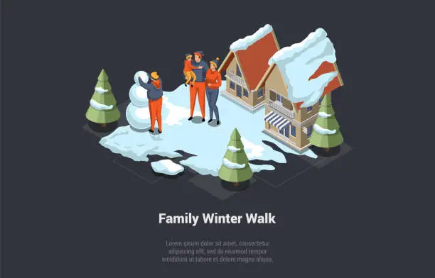 Vector illustration of Winter Holidays, Family Christmas Vacations. Family Mother, Father, And Two Children Going Outdoor. Happy Child Making Snowman On Backyard Of Luxury Hotel. Isometric 3D Cartoon Vector Illustration